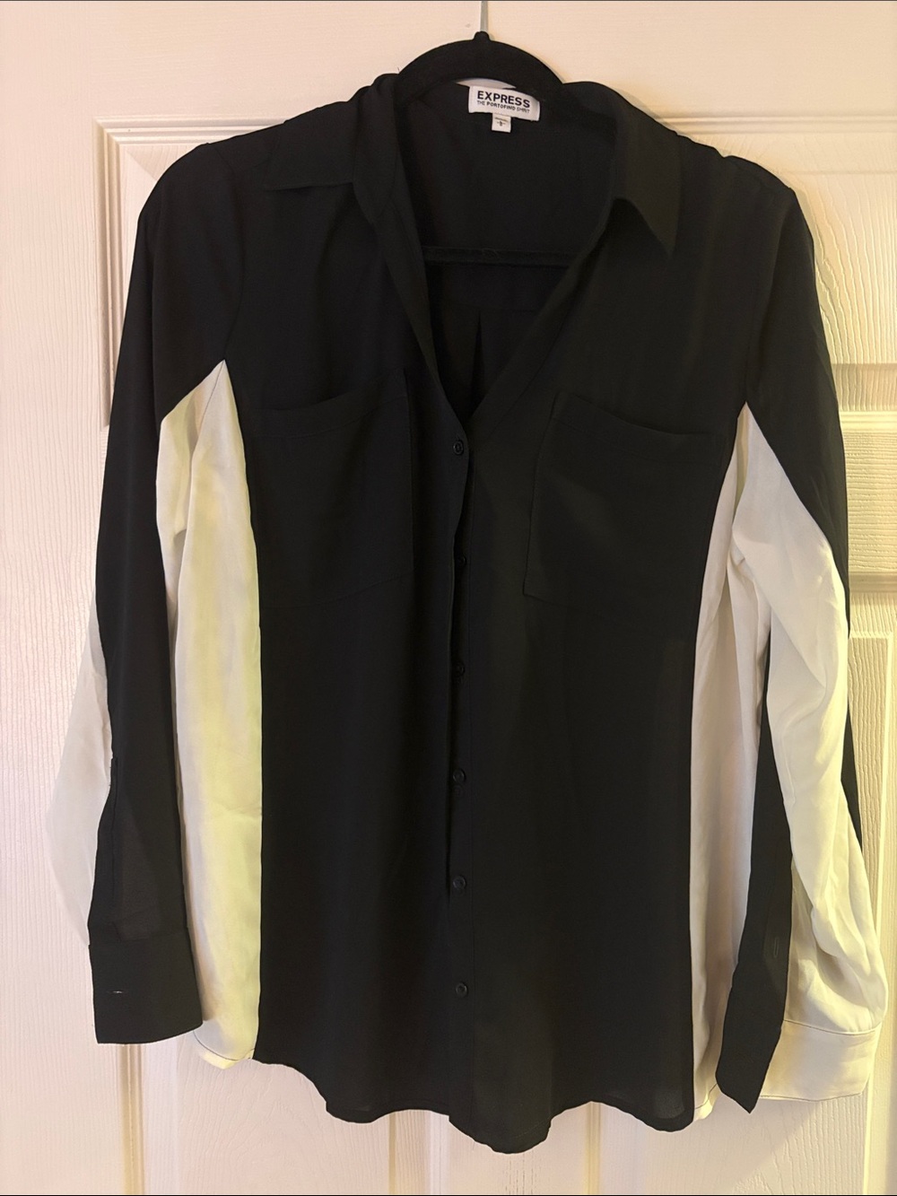 Express Y2K Portifino Black Button-Down Shirt with White Side Panels